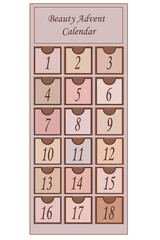 Advent calendar in the form of a stylish cosmetic box with 18 compartments, each of which is decorated with a number. Modern cosmetic style, glossy packaging, pastel colors, minimalist design, the ins