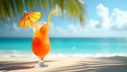 Tropical cocktail with orange slices on a sunny beach with ocean view