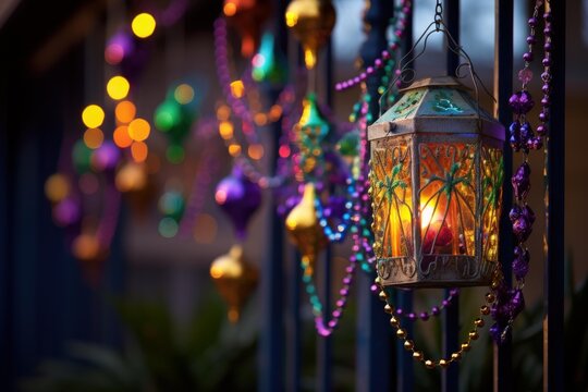 Lit decorative lantern hanging on a fence during mardi gras, with blurred string lights and colorful beads in the background, creating a festive atmosphere