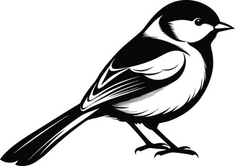 Chickadee bird silhouette, songbird line art, minimal wildlife vector, perched bird drawing, nature illustration design