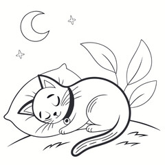 Illustrate a cat curled up in a sleeping position, using clean black outlines
