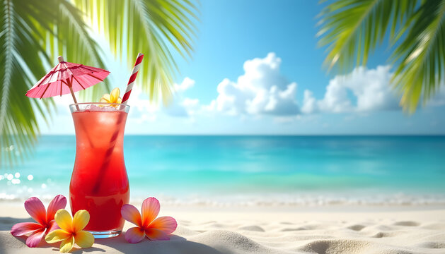 Refreshing cocktail on a tropical beach with flowers, palm leaves, and ocean view. - Powered by Adobe