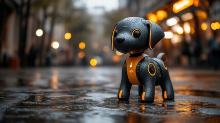 Robotic dog figurine on wet city street at night