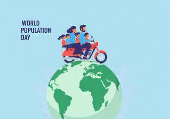 A stylized illustration for World Population Day. A cartoon family of a light-brown-skinned father, mother, and several children