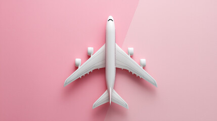 Minimalist and modern travel concept showing a toy aircraft on a pink backdrop, evoking wanderlust, adventure, and escape.

