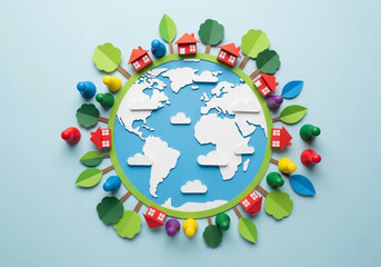 A stylized, paper-cut-out image depicts a paper globe of the Earth