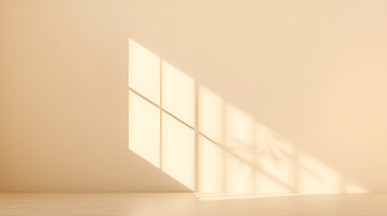 Minimalistic abstract gentle light beige background for product presentation with light andand intricate shadow from the window and vegetation on wall.