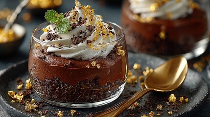  Chocolate dessert in a glass with whipped cream, sprinkles & a spoon