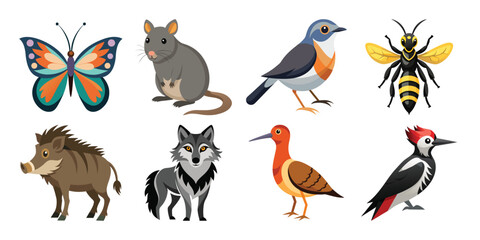 A Vector Vibrant Flat-Style Wildlife Illustrations: Butterfly, Mouse, Birds, Bee, Boar, Wolf, and Woodpecker.