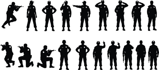 Military and police silhouette collection, tactical soldier poses, armed officers in uniform, standing and kneeling action positions, security defense vector, law enforcement illustration