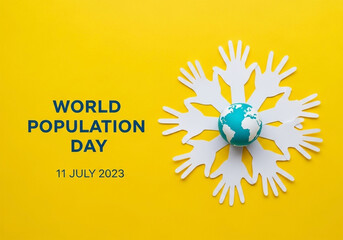 A vibrant yellow background features the text WORLD POPULATION DAY in navy blue