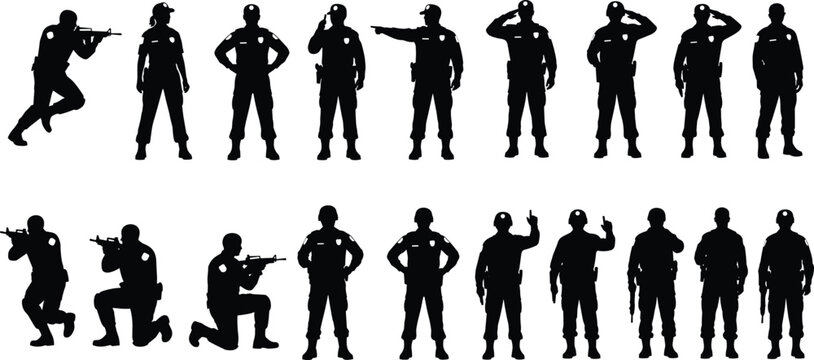 Military and police silhouette collection, tactical soldier poses, armed officers in uniform, standing and kneeling action positions, security defense vector, law enforcement illustration