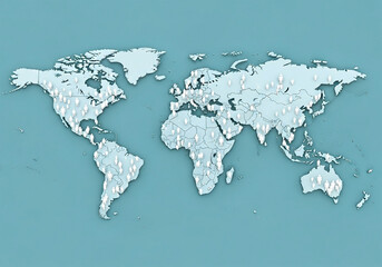A world map, rendered in a light teal blue, shows a stylized representation of global population distribution 