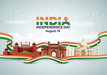 The image features the words INDIA INDEPENDENCE DAY August 15 in a bold, text-based design 