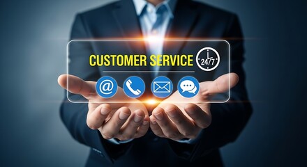 Ai generated image of a businessman presents customer service options available 24 hours a day, seven days a week in a digital interface