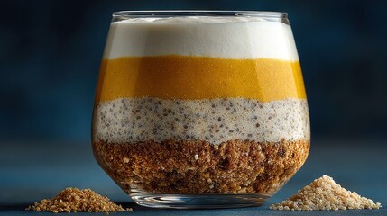   A close-up of a sweet treat in a cup, accompanied by a spoon and an oatmeal mound nearby