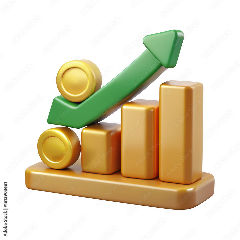 Poster 3d golden bar chart with upward arrow and coins isolated on transparent background