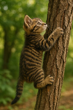 Curious tabby kitten climbing a tree in the forest

Young striped cat scaling tree bark in the woods