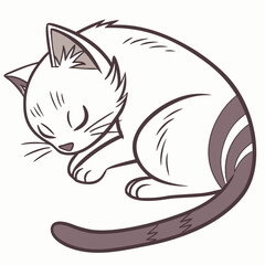 Illustrate a cat curled up in a sleeping position, using clean black outlines