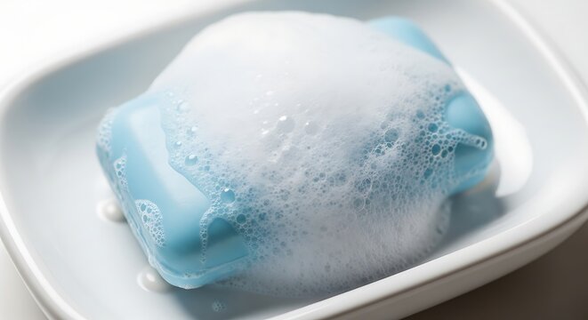 Fresh Blue Bar Soap with Abundant Lather on a White Dish, a Versatile Mockup for Hygiene and Skincare Products. Ideal for Promoting Cleanliness, Personal Care, and Wellness.