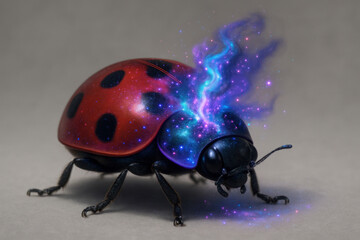 Futuristic insect with vibrant glowing exoskeleton

Magical ladybug with electric purple and blue nebula effect