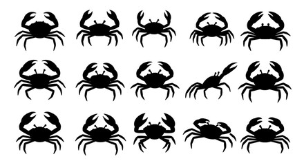 Collection of Black Silhouette Crab Icons with Varied Poses