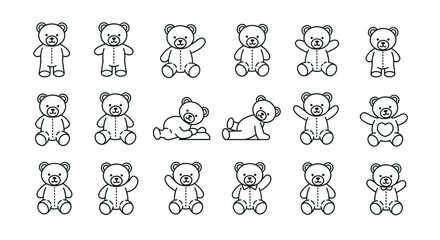 A collection of cute teddy bear line art icons in various poses, including sitting, standing, and waving.