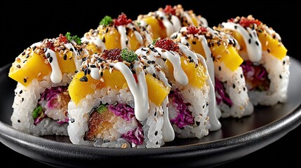   A close-up of a plate of sushi on a black background, drizzled with white sauce and sprinkled with garnishes