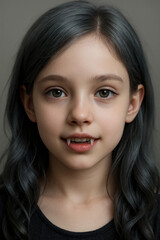 Young Vampire Girl with Fangs and Pale Complexion

Portrait of a Child Vampire with Long Dark Hair

Cute Gothic Girl with Subtle Fangs and Mysterious Eyes

Fantasy Child Vampire Character