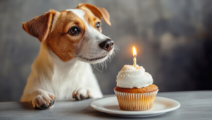 Adorable jack russell terrier looking at delicious birthday cupcake with burning candle on gray background