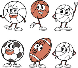 Six different sports balls with cartoon faces and legs standing together isolated on transparent background