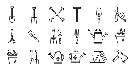Obraz premium Collection of Simple Black Line Garden Tools and Equipment Icons