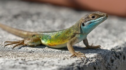 Fototapeta premium A colorful lizard basks on a textured rock under the warm afternoon sun.