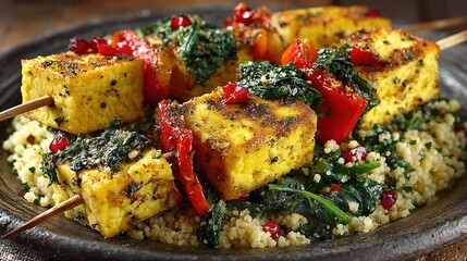   A platter of tofu, spinach, and red peppers atop couscous