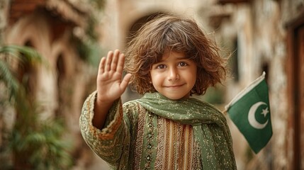 Cheerful child waving flag for 14 August Independence Day celebration