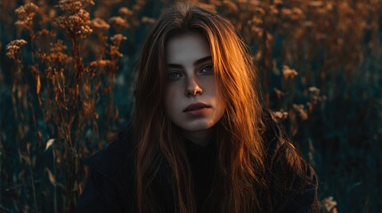   Serious-looking woman with long hair stands amidst tall grass, facing the camera