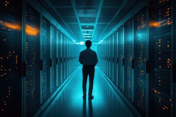 IT Specialist Standing in Futuristic Data Center with Blue Neon Lighting and Server Racks