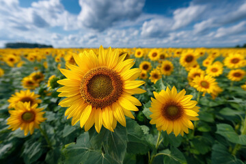 Fototapeta premium Close up of bright yellow sunflowers blooming in wide open field beneath dramatic sky filled with soft clouds