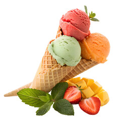 Strawberry ice cream scoop with fresh fruit on white background