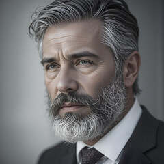 A mature gentleman with salt-and-pepper hair and beard exudes wisdom and experience, dressed in a suit, offering a composed and thoughtful gaze.