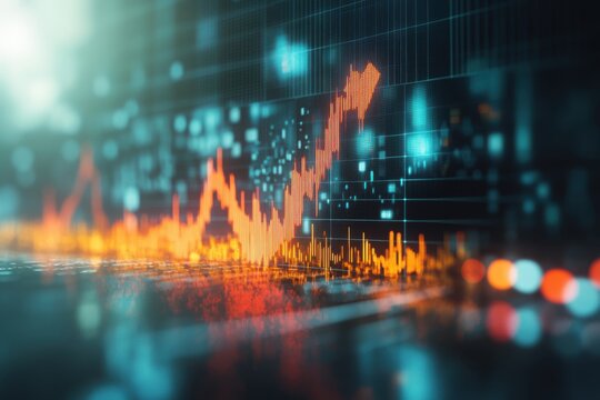 Futuristic visualization of a glowing red line chart trending upward, reflecting profit increases, digital trading, and economic momentum in global finance.