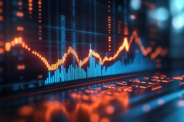 stock trading interface displaying dynamic candlestick charts and market trends with glowing orange and blue highlights, ideal for finance and fintech themes.