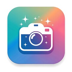 A white camera icon on a colorful gradient background, representing photography and digital imaging