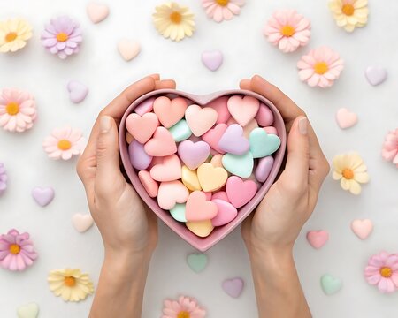 Hands are holding a heartshaped box filled with pastel candies, surrounded by flowers, isolated on white background