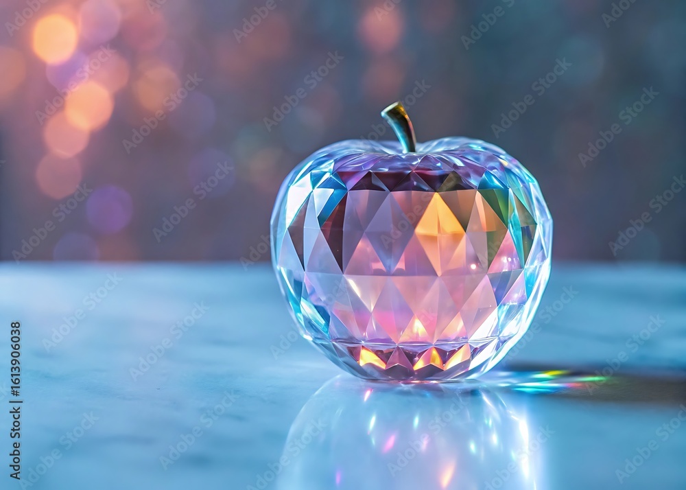 Poster a crystal apple reflects light, creating a sparkling and luxurious effect on a table
