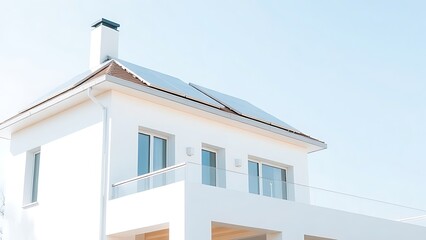 Modern white house with solar panels and clean design against a simple blue sky.