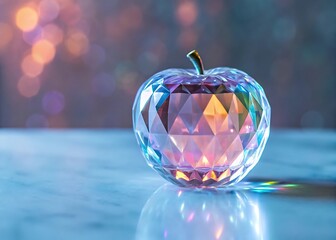A crystal apple reflects light, creating a sparkling and luxurious effect on a table
