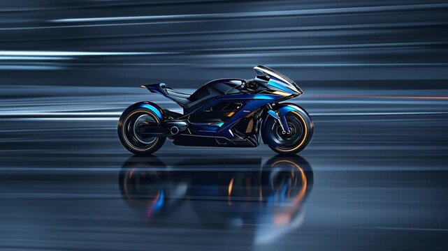 Sleek futuristic concept motorcycle with aerodynamic design races forward rapidly on a reflective surface, its electric blue body with black accents gleaming under the light, blurred motion background