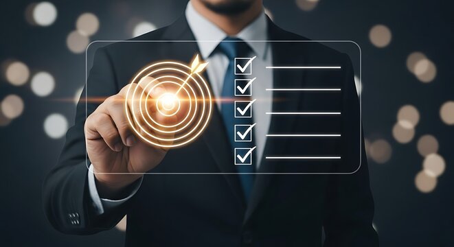 Ai generated image of a businessman points to a target with checkmarks, symbolizing success and achievement in business strategy