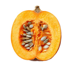 Halved orange pumpkin, with seeds , on transparent background